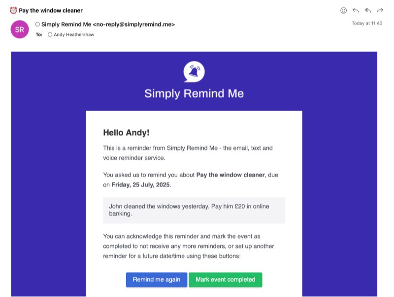 Screenshot of an email reminder from Simply Remind Me, the free email reminders app