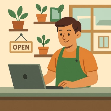 Illustration of a small business owner checking on their fully managed website hosting service