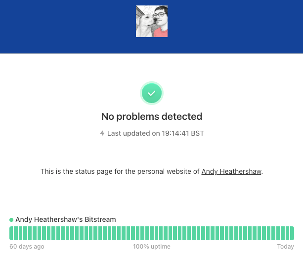 Screenshot showing an Oh Dear status page you get with Waggybytes premium managed UK hosting