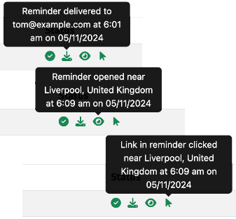 Screenshot showing extended reminder statuses for text and email reminders from Simply Remind Me, the free reminder app
