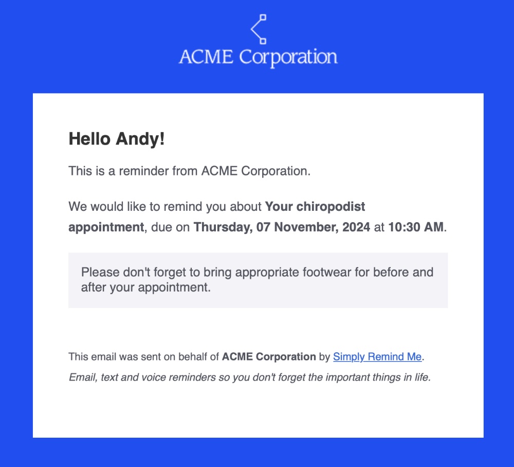 Screenshot of a white labelled reminder email sent using Simply Remind Me Pro.