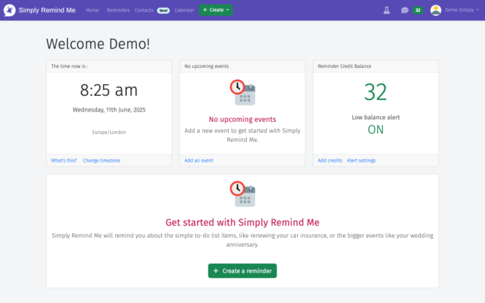 Screenshot of the Simply Remind Me reminder app's dashboard